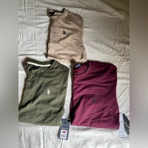 3 polo shortsleeved shirts,green size small,red size medium and beige size large